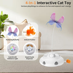Interactive Cat Toy for Indoor Cats, 4 in 1 Cat Treat Puzzle Toy with Ambush Feather Wand, Electric Fluttering Butterfly and Cat Treat Feeder, Rechargeable Electric Feather Toy (Blue)